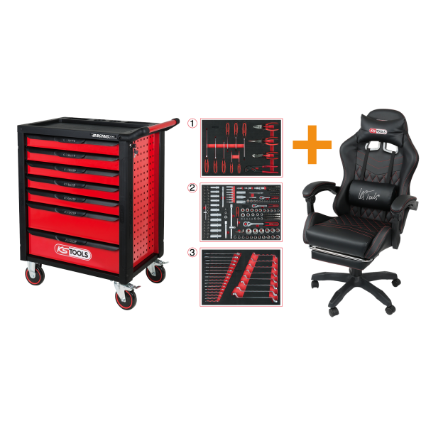 KS RACINGline Gereedschapswagen gevuld + gratis bureaustoel - 215 delig - 7 laden - 826.7215SB