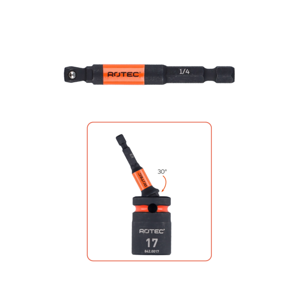 Rotec Impact adapter - hoek 30° - 1/4"-E6.3 > 1/4" 4-kant met kogel
