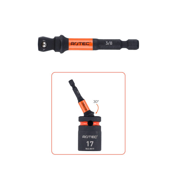 Rotec Impact adapter - hoek 30° - 1/4"-E6.3 > 3/8" 4-kant met kogel