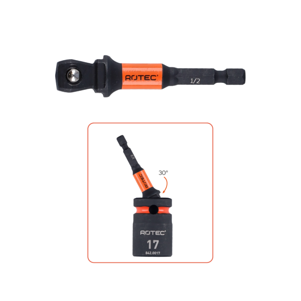 Rotec Impact adapter - hoek 30° - 1/4"-E6.3 > 1/2" 4-kant met kogel