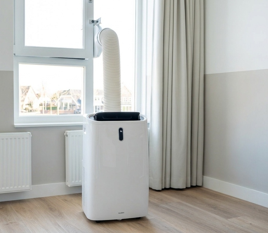Witte mobiele airco in een huis met afvoerslag door het raam naar buiten