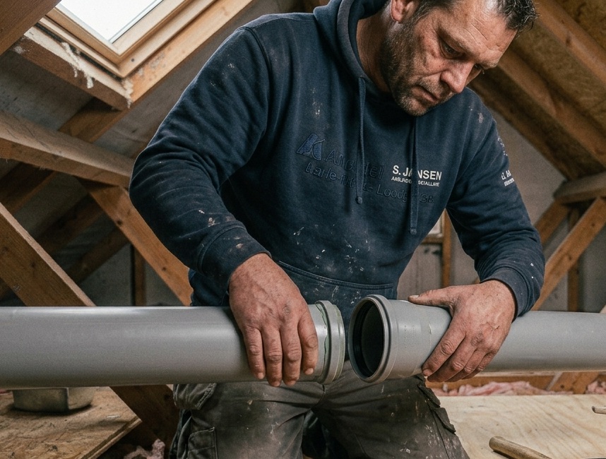 Loodgieter die twee pvc kanalen verbindt voor een ventilatiekanaal