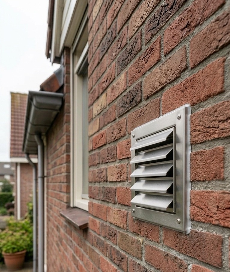 RVS afwerkrooster met lamellen voor ventilatiekanaal in gemetselde buitengevel